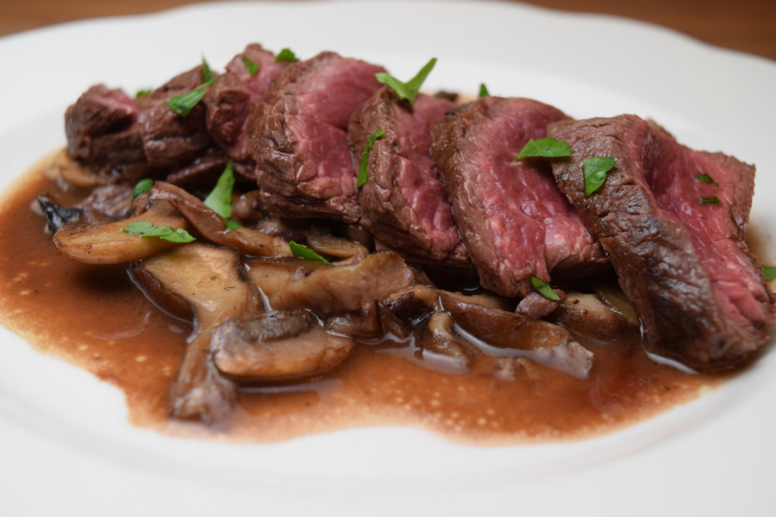  Hanger Steak in a Red Wine Reduction with Mushrooms